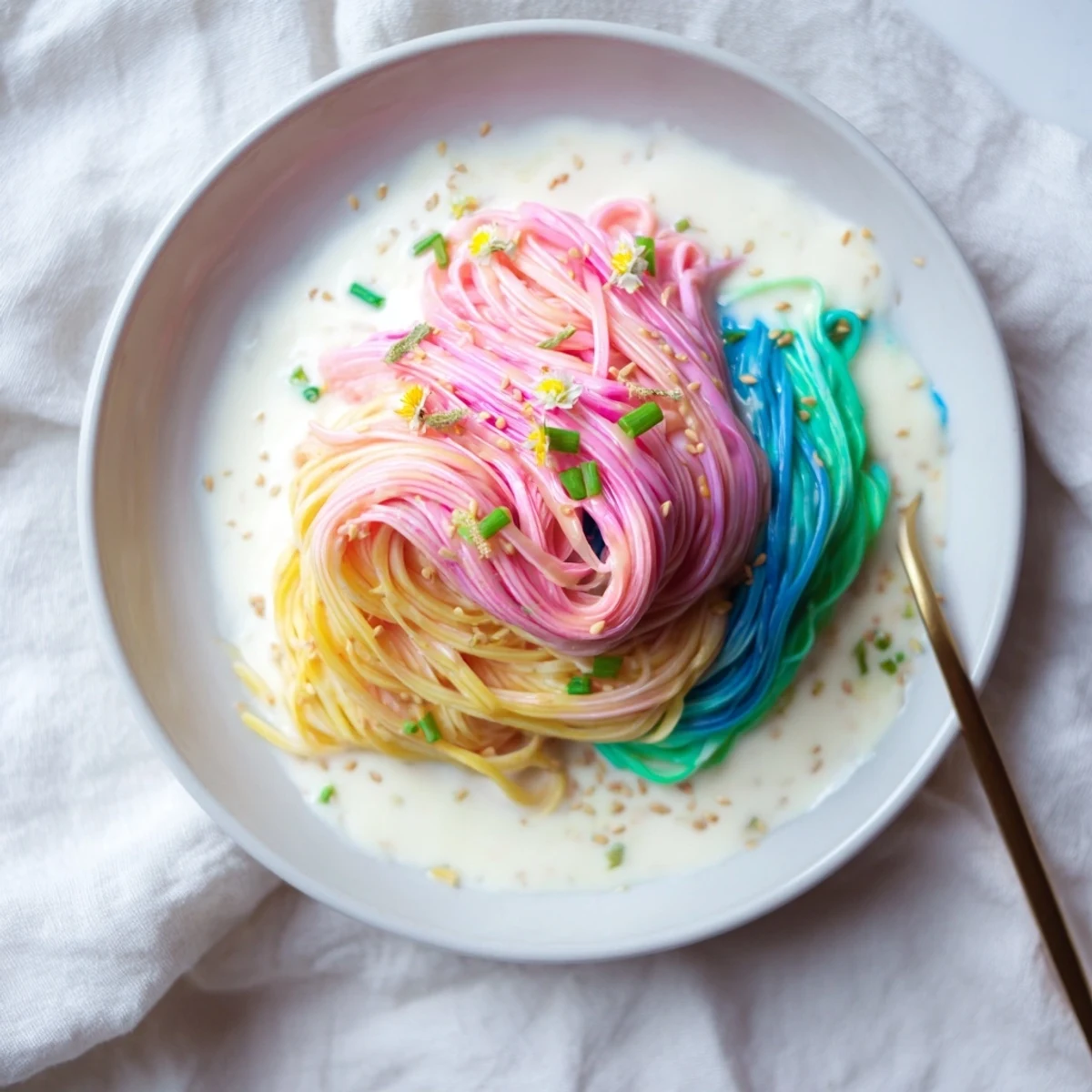Colorful Neon Noodle Cloud dish invitingly plated with scallions and toasted sesame seeds.