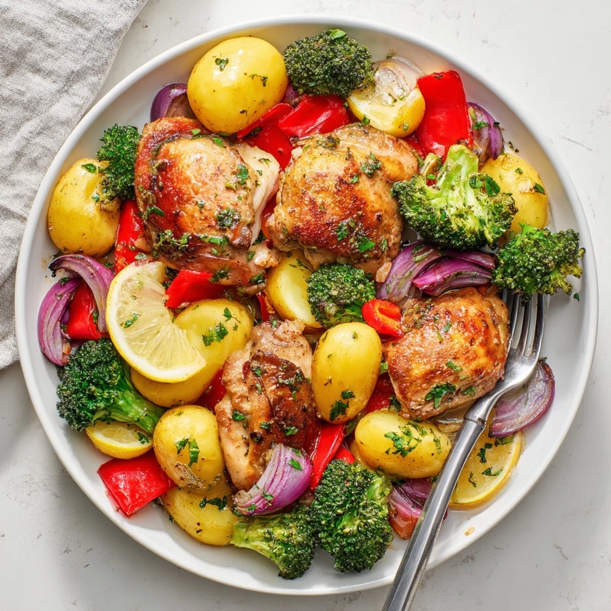 Delicious Lazy Gourmet Chicken & Vegetable One-Pot dish served with fresh parsley and lemon.  