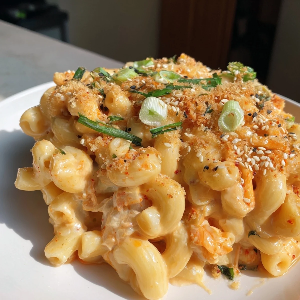 Creamy Spicy Kimchi Mac & Cheese topped with crunchy sesame and panko breadcrumbs.