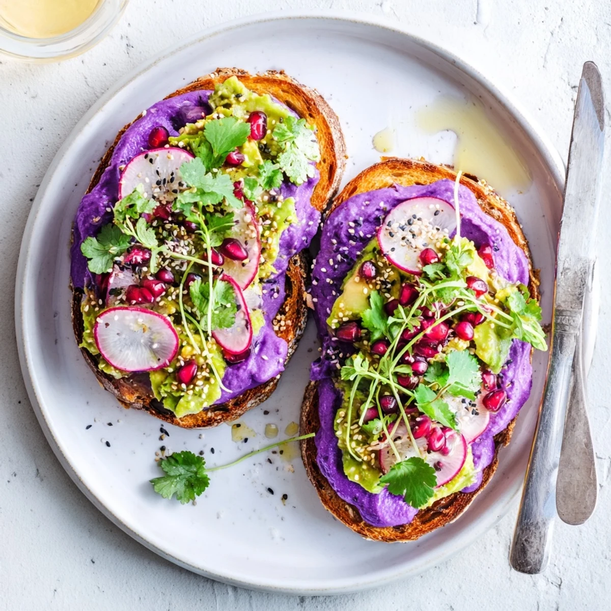 Vibrant Bright & Bold Breakfast Toasts topped with ube, avocado, and crunchy radishes.  