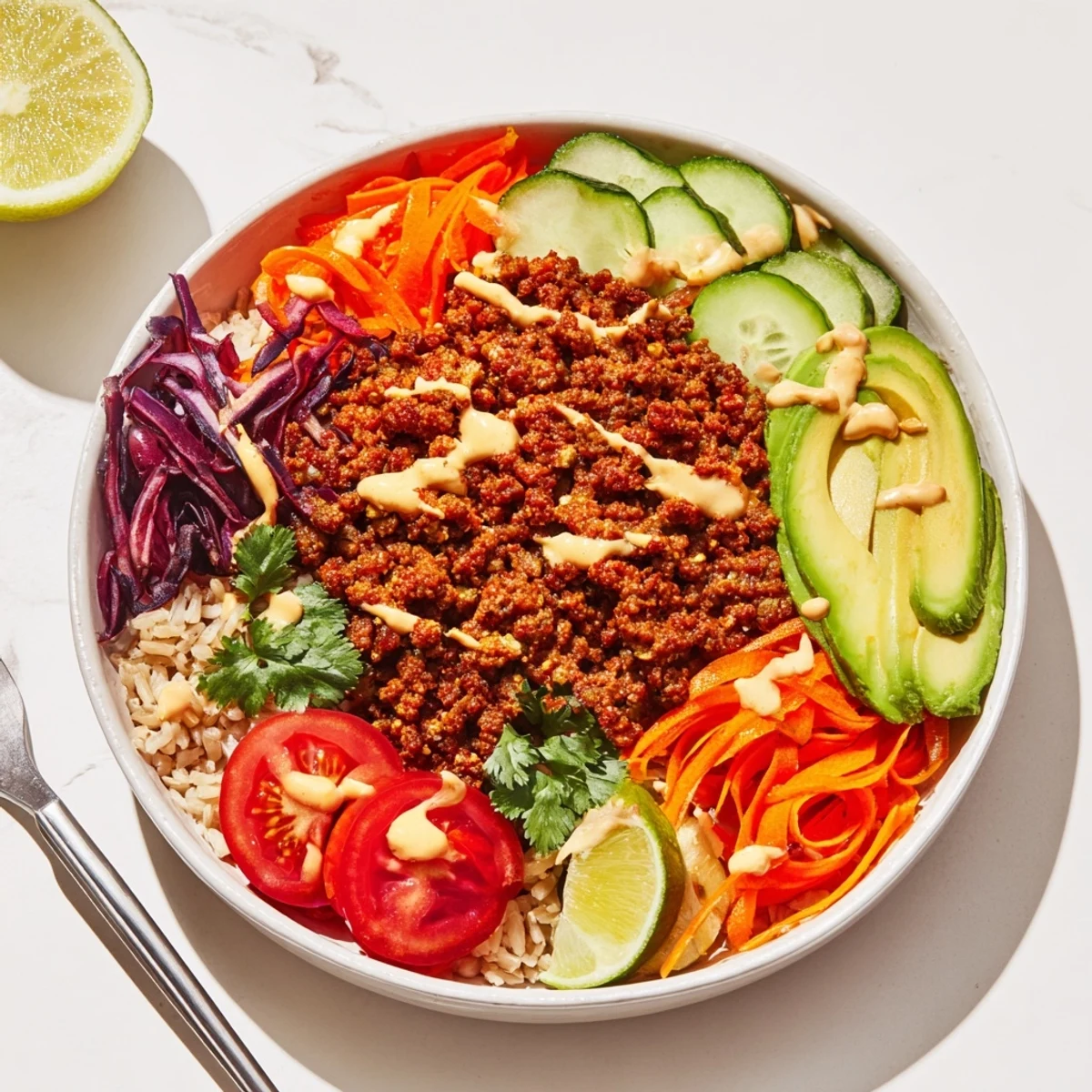 A colorful plant-based meat bowl topped with fresh veggies and lime wedges.  