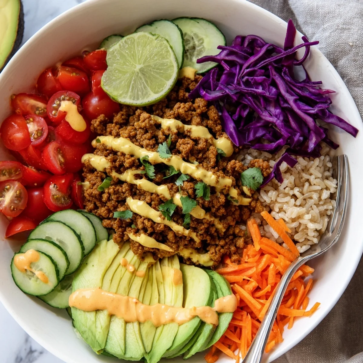 Delicious plant-based meat bowl featuring avocado, carrots, and spicy mayo drizzle.  