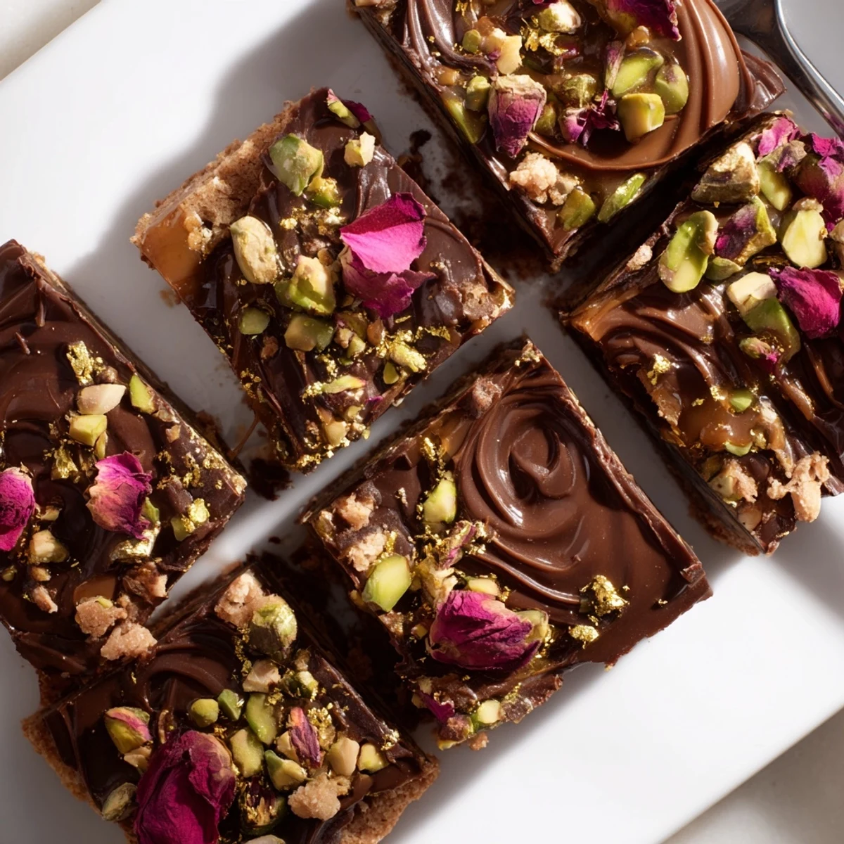 Decadent chocolate bar inspired creations layered with pistachios and coconut flakes.  