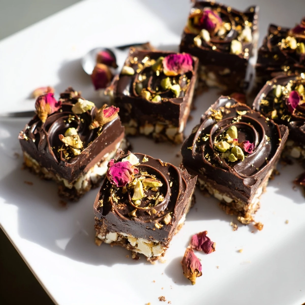 Indulgent dessert featuring a crunchy layer and luxurious edible gold leaf garnish.