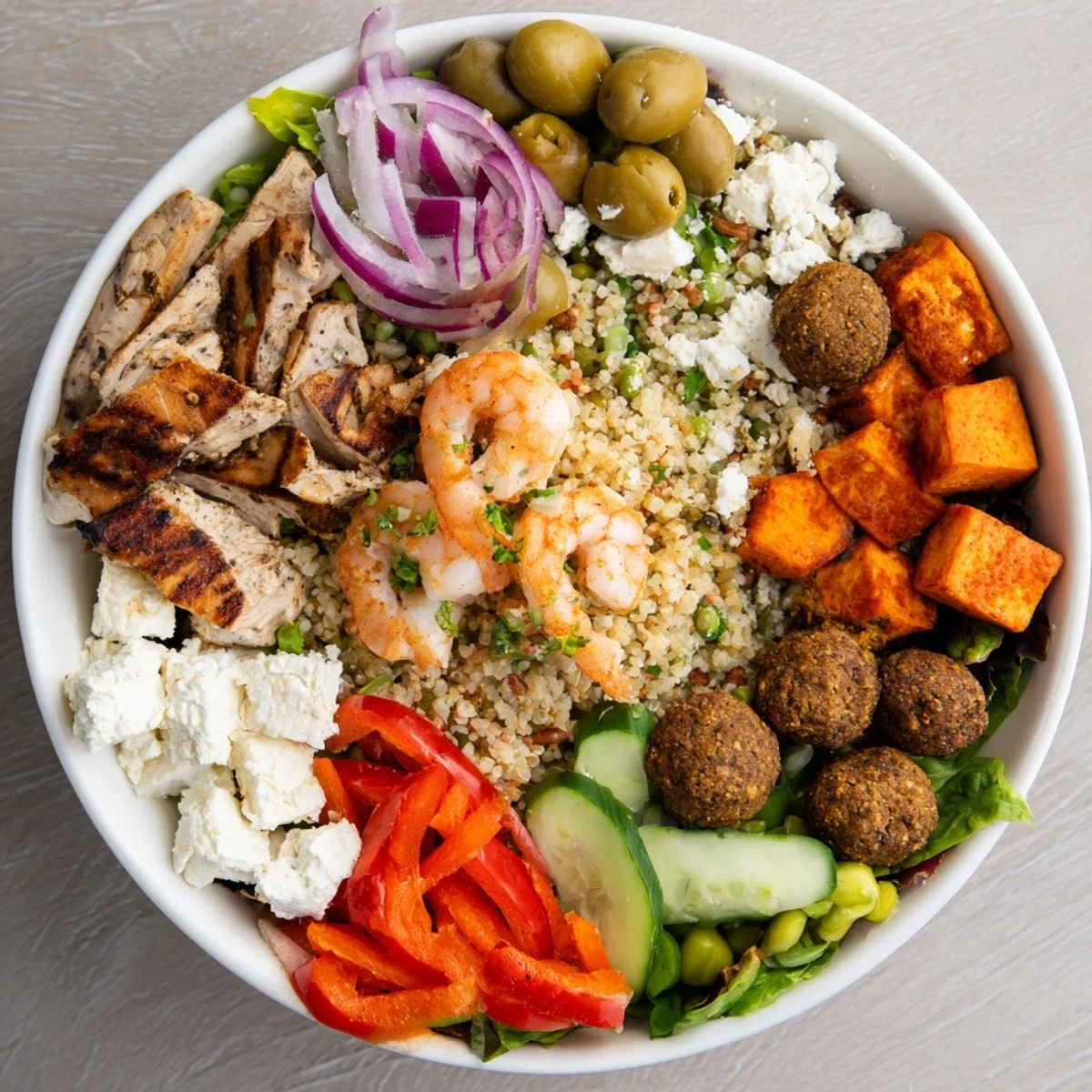 Colorful interactive plated meals for custom boards and bowls, inviting guests to create their own.  