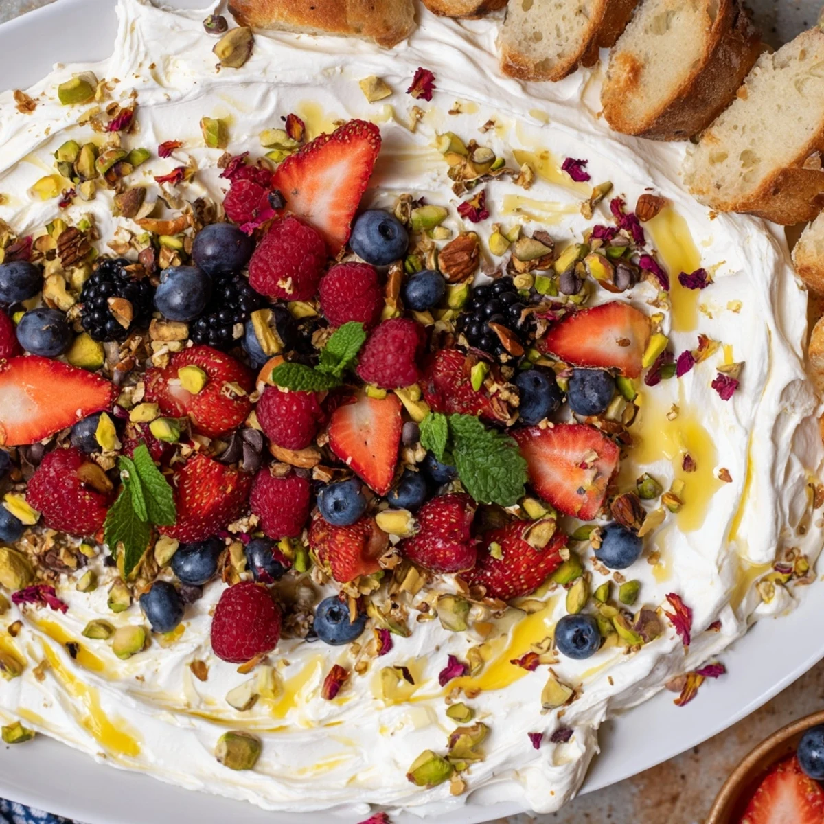 A colorful Butter Board Dessert showcasing whipped cream cheese and fresh berries.  