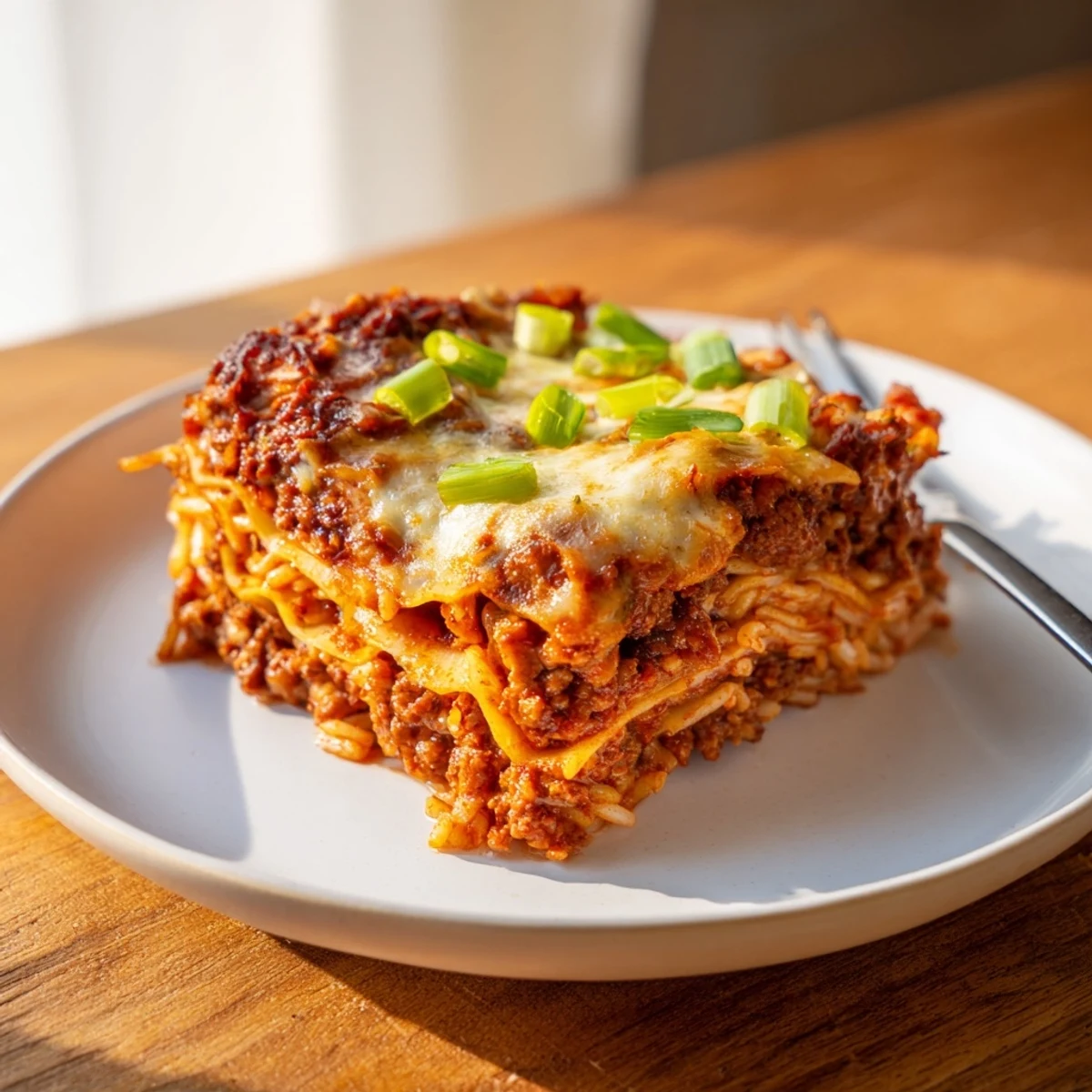 Savory Spicy Ramen Lasagna layered with rich cheese, meat, and vibrant sauces.  