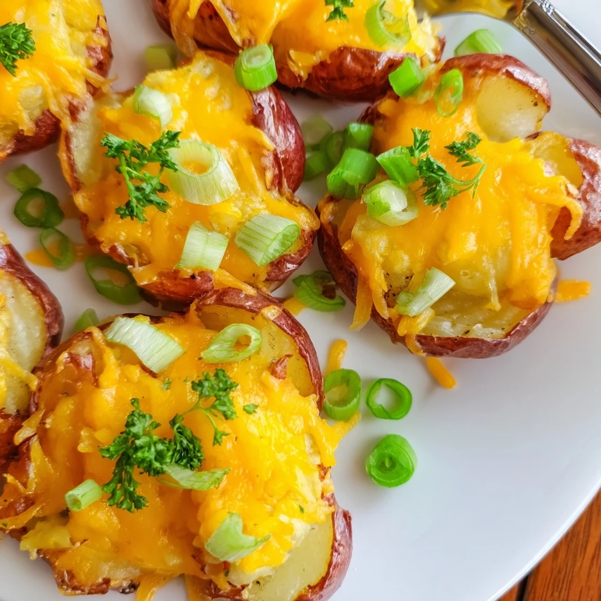 Crispy smashed green onion potato bombs topped with melted cheese and fresh herbs.  
