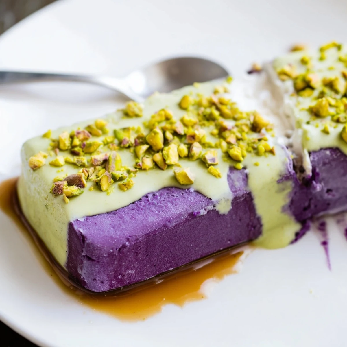 Creamy ube and pistachio ice cream bars topped with crunchy nuts, perfect summer treat.  