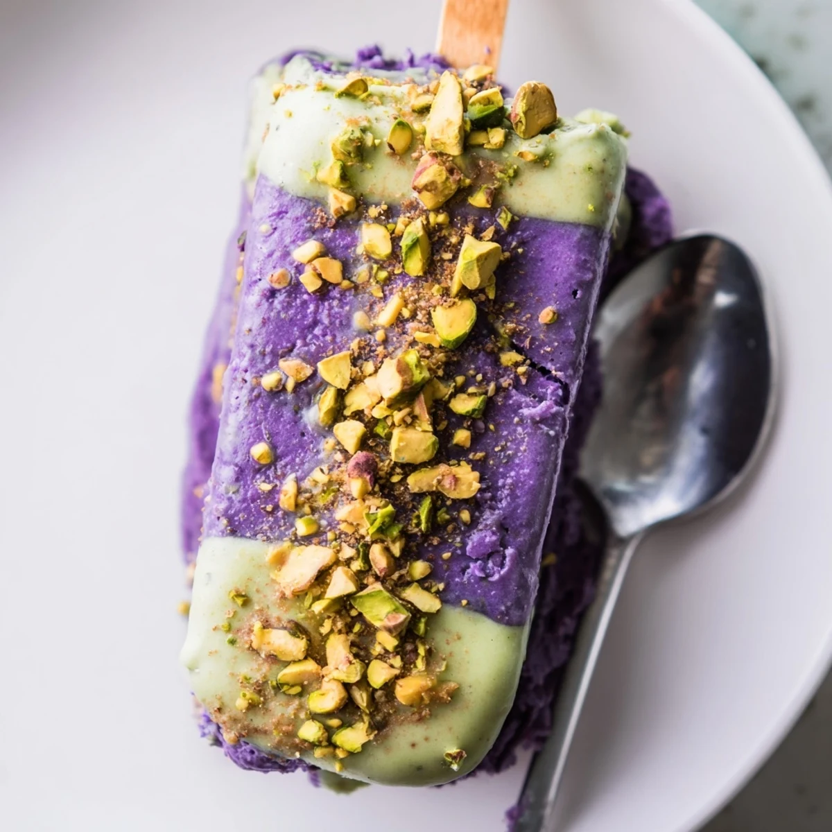 Delicious ube and pistachio ice cream bars drizzled with sweet condensed milk, irresistible treat.