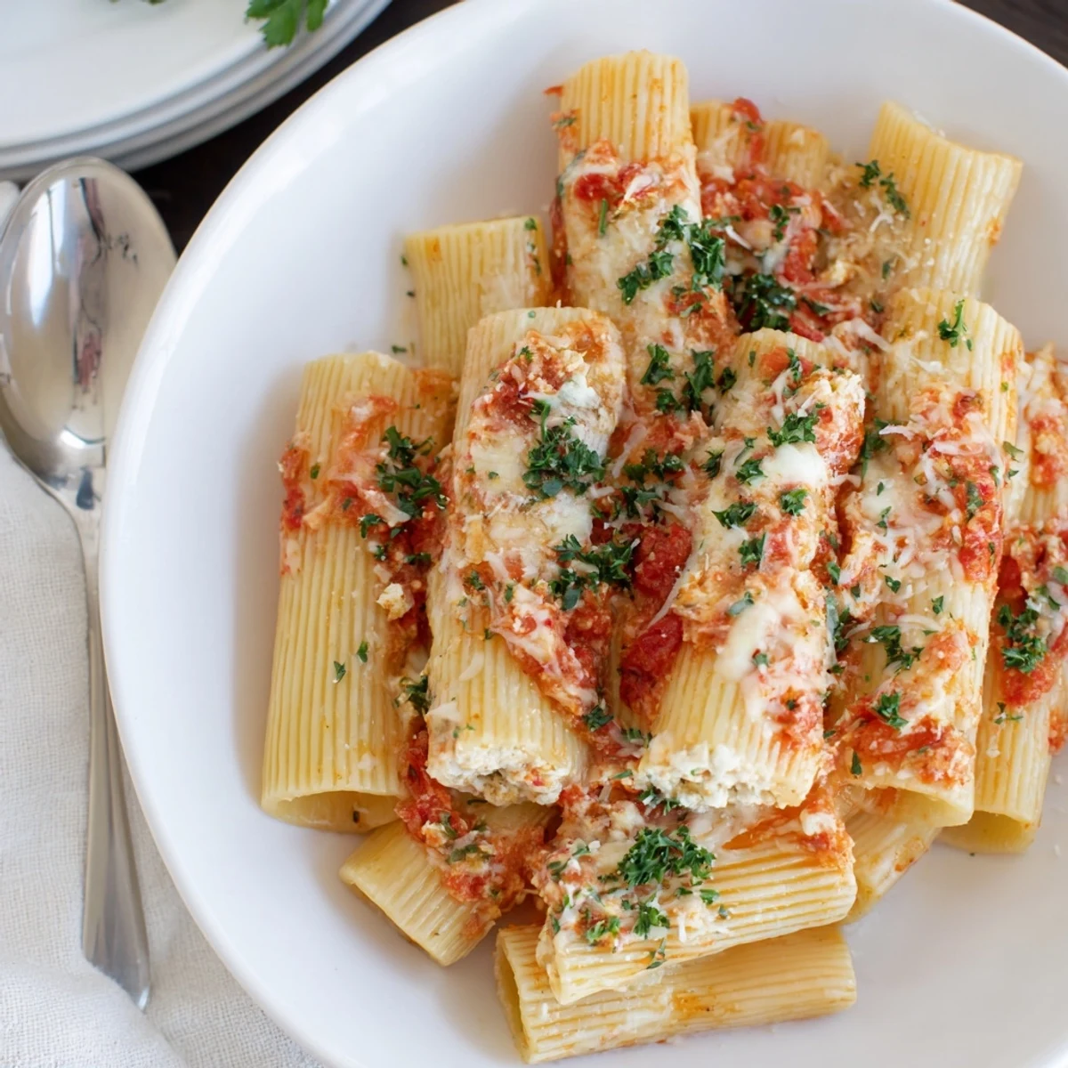 Delicious Honeycomb Pasta Cake garnished with fresh parsley and bubbling cheese topping.  