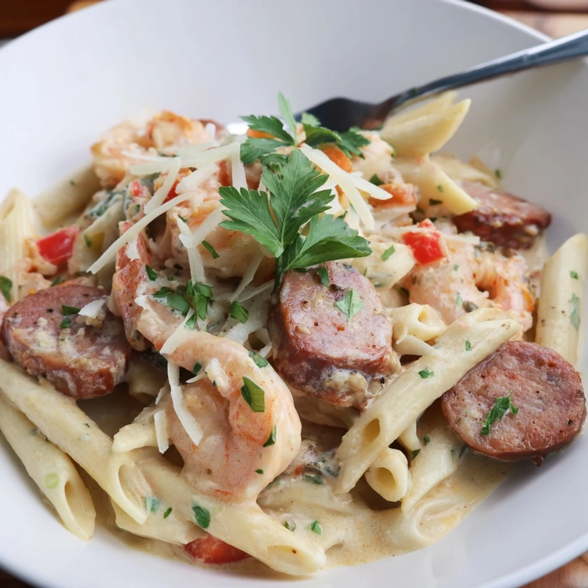 A delicious Cajun Sausage & Shrimp Alfredo Pasta dish served in a warm skillet.  
