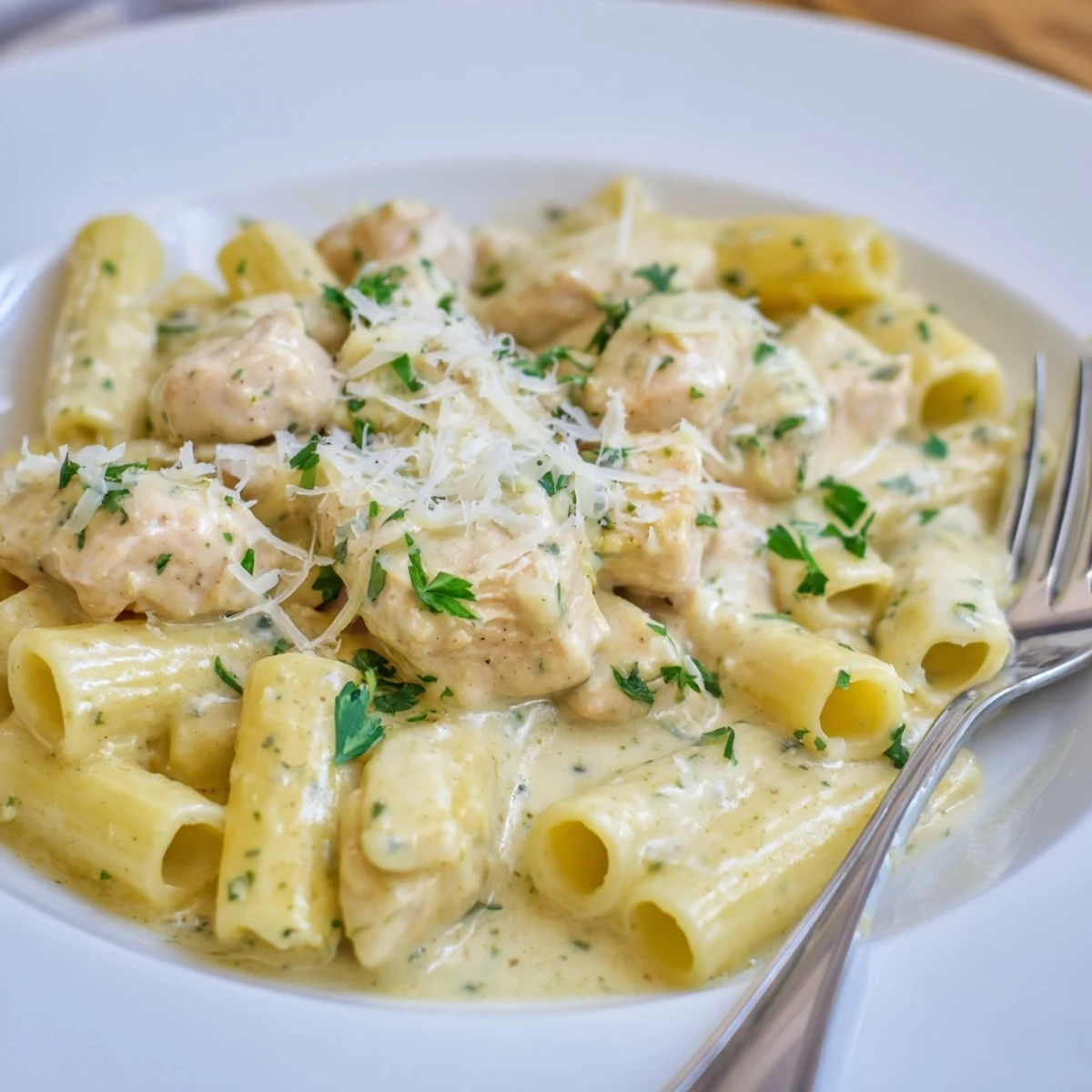 Creamy Garlic Parmesan Chicken Rigatoni topped with parsley, served in a bowl.  
