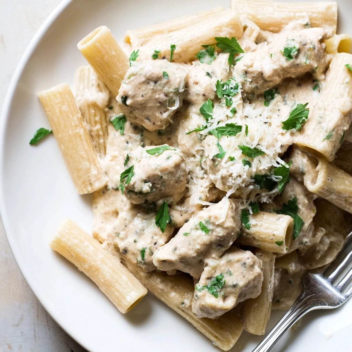 Rich and comforting Creamy Garlic Parmesan Chicken Rigatoni with golden chicken pieces.  