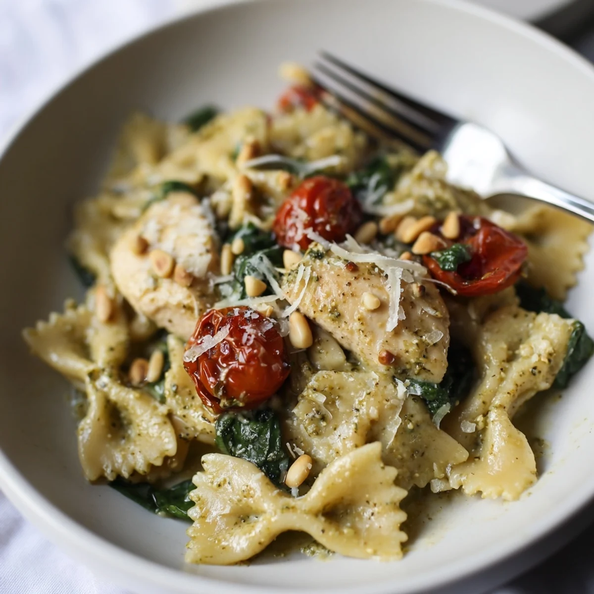 Aromatic Pesto Chicken Bowtie Pasta topped with fresh basil and pine nuts.  