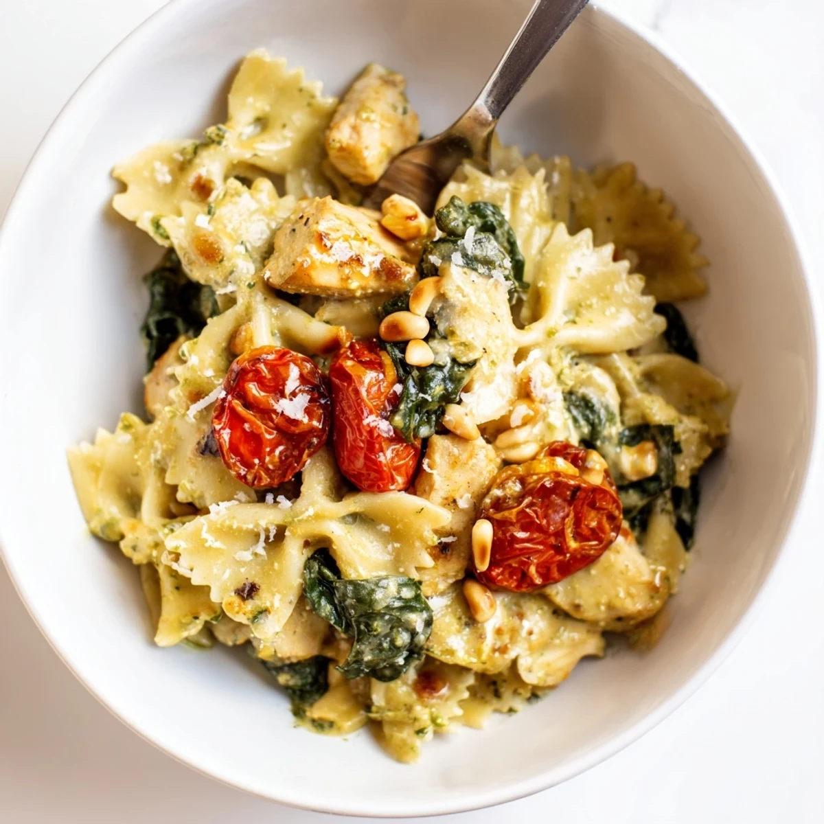 Deliciously cooked pesto chicken bowtie pasta served with cherry tomatoes and spinach.