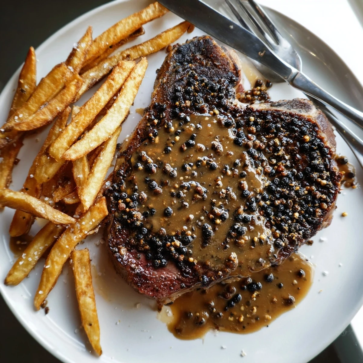 Rich classic peppercorn ribeye served with luscious sauce and perfectly golden fries.