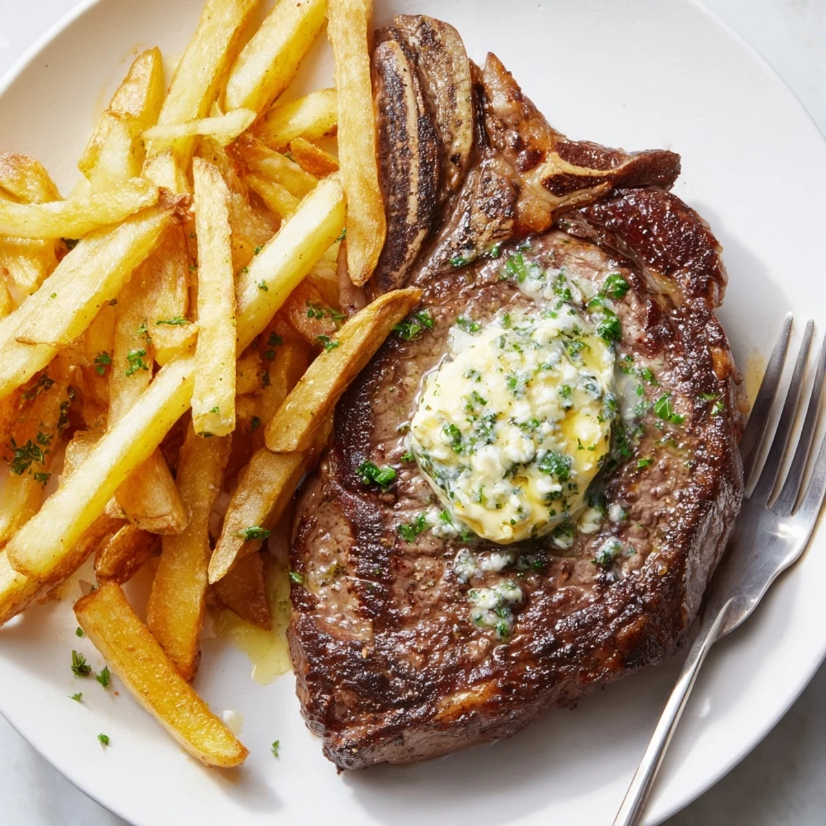 Perfectly seared Steakhouse Garlic Butter Steak served alongside crispy golden fries.  