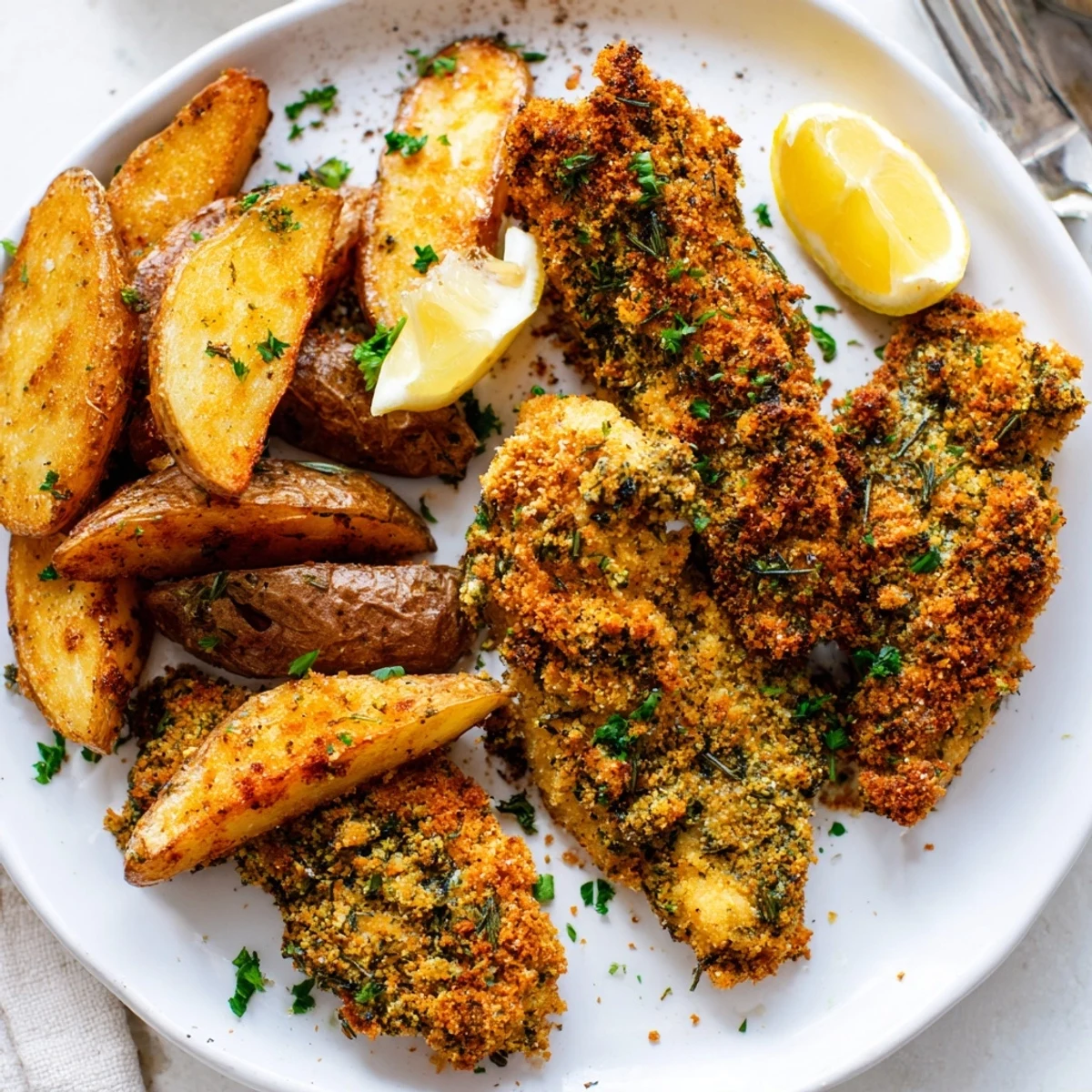 Juicy herbed chicken tenders served with crispy potato wedges on a plate.  