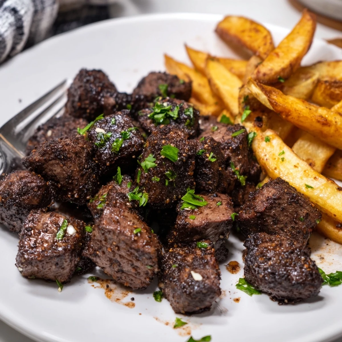 Irresistible blackened Cajun steak bites garnished with fresh parsley and golden fries.  