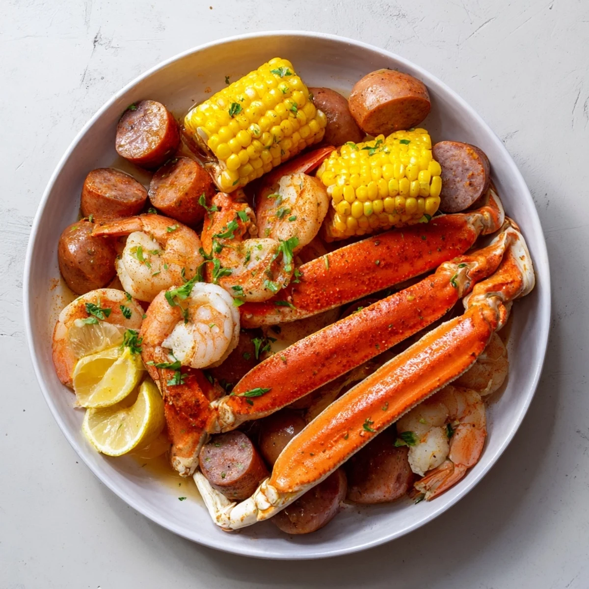 Steaming, flavorful Seafood Boil with Crab, Shrimp & Sausage, ready for a feast on a sunny table.
