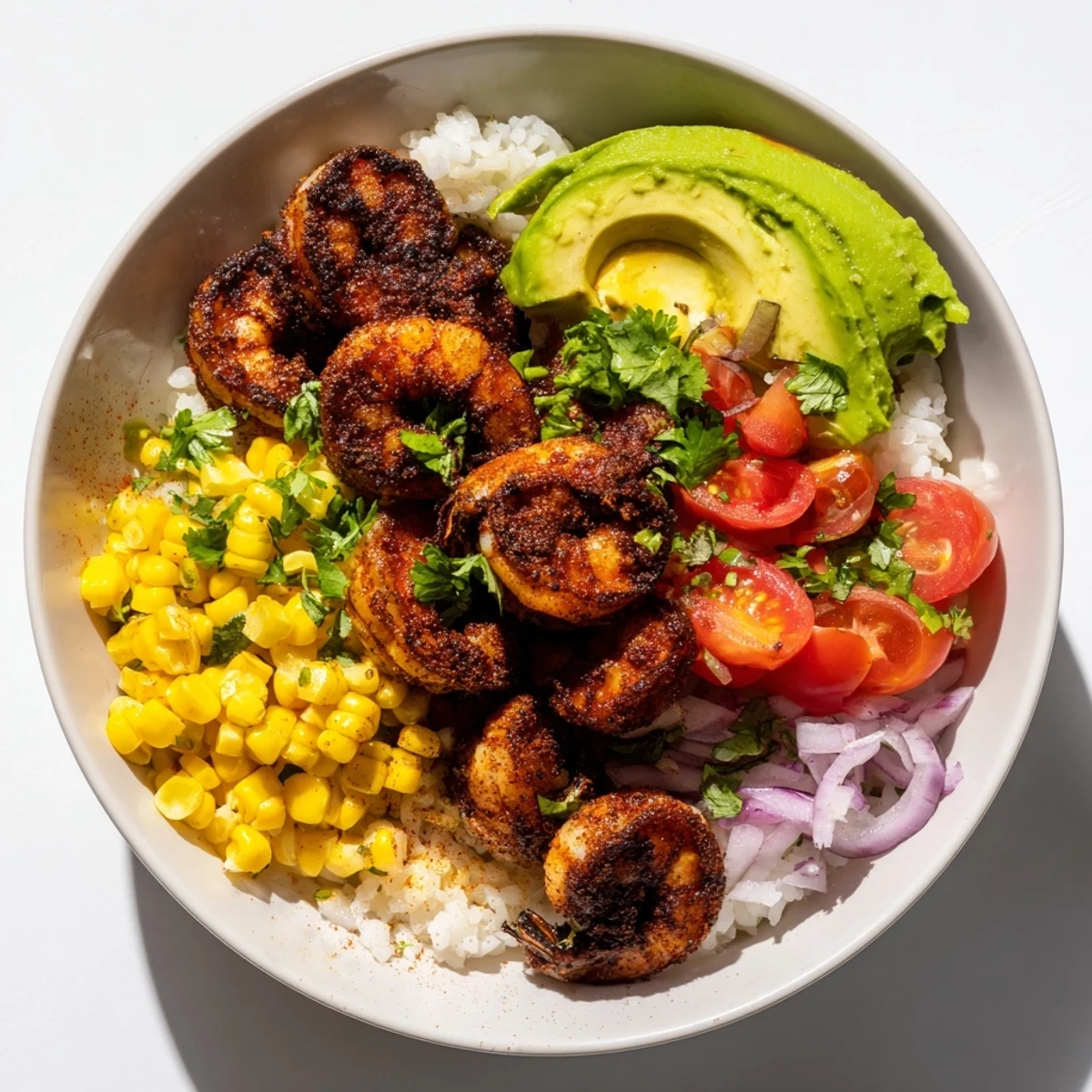 Enjoy a healthy Blackened Shrimp Bowl, featuring colorful avocado salsa and tender shrimp over fluffy rice.