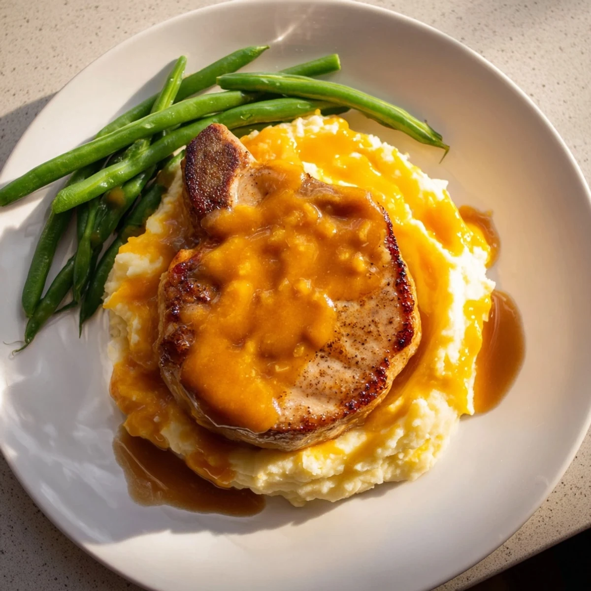 Sizzling pork chops sit over creamy cheddar mashed potatoes in this comforting Pork Chops & Cheddar Mash Bowl.