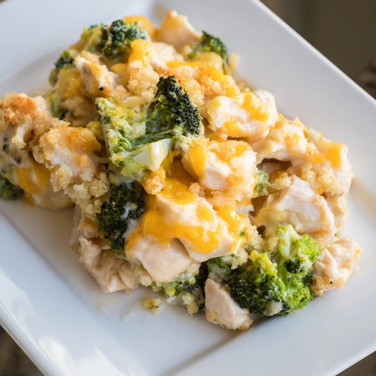 Golden, bubbly Chicken & Broccoli Cheddar Bake with a crispy panko topping, ready to serve.
