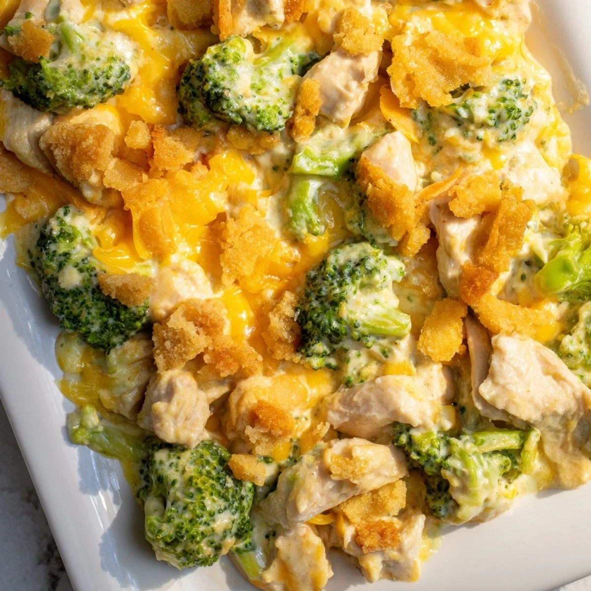 Hot, cheesy Chicken & Broccoli Cheddar Bake fresh from the oven, offering a savory aroma.