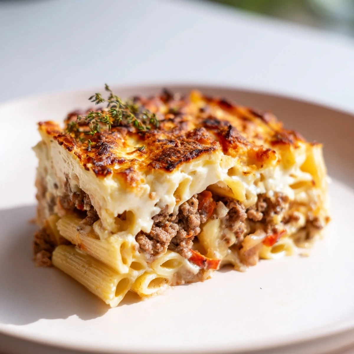 Golden-brown Greek Pastitsio, a comforting baked pasta layered with spiced meat and creamy béchamel.