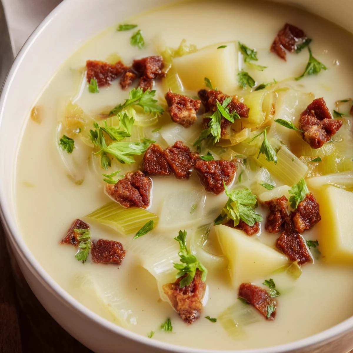 Creamy Potato, Leek & Chorizo Soup, garnished with parsley, a comforting bowl of deliciousness.