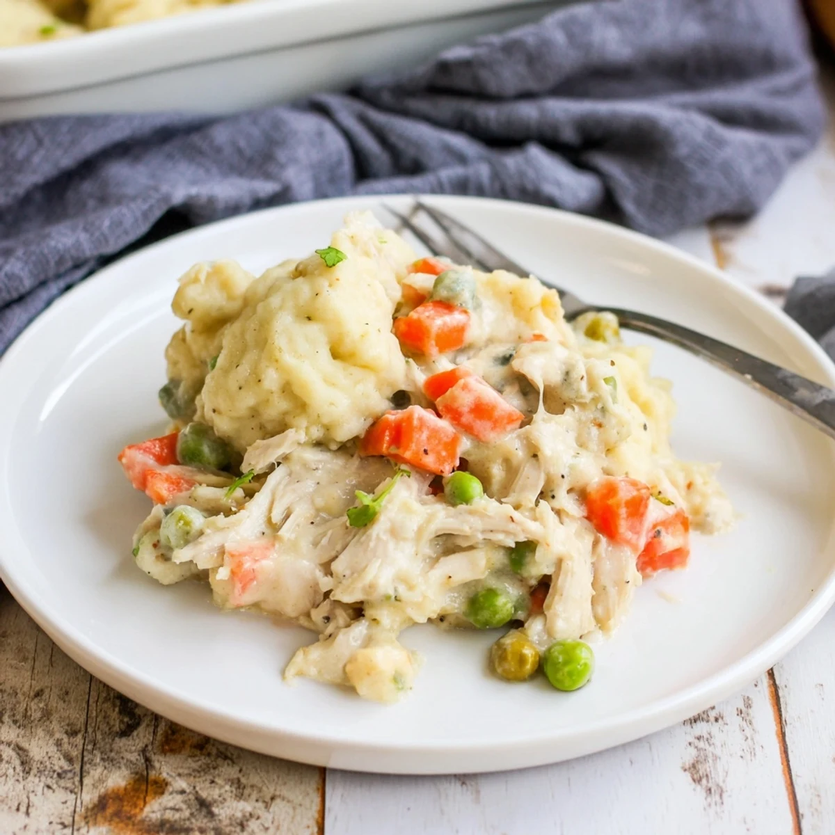 Homemade Chicken and Dumplings Casserole, fresh from the oven, with a golden brown crust.