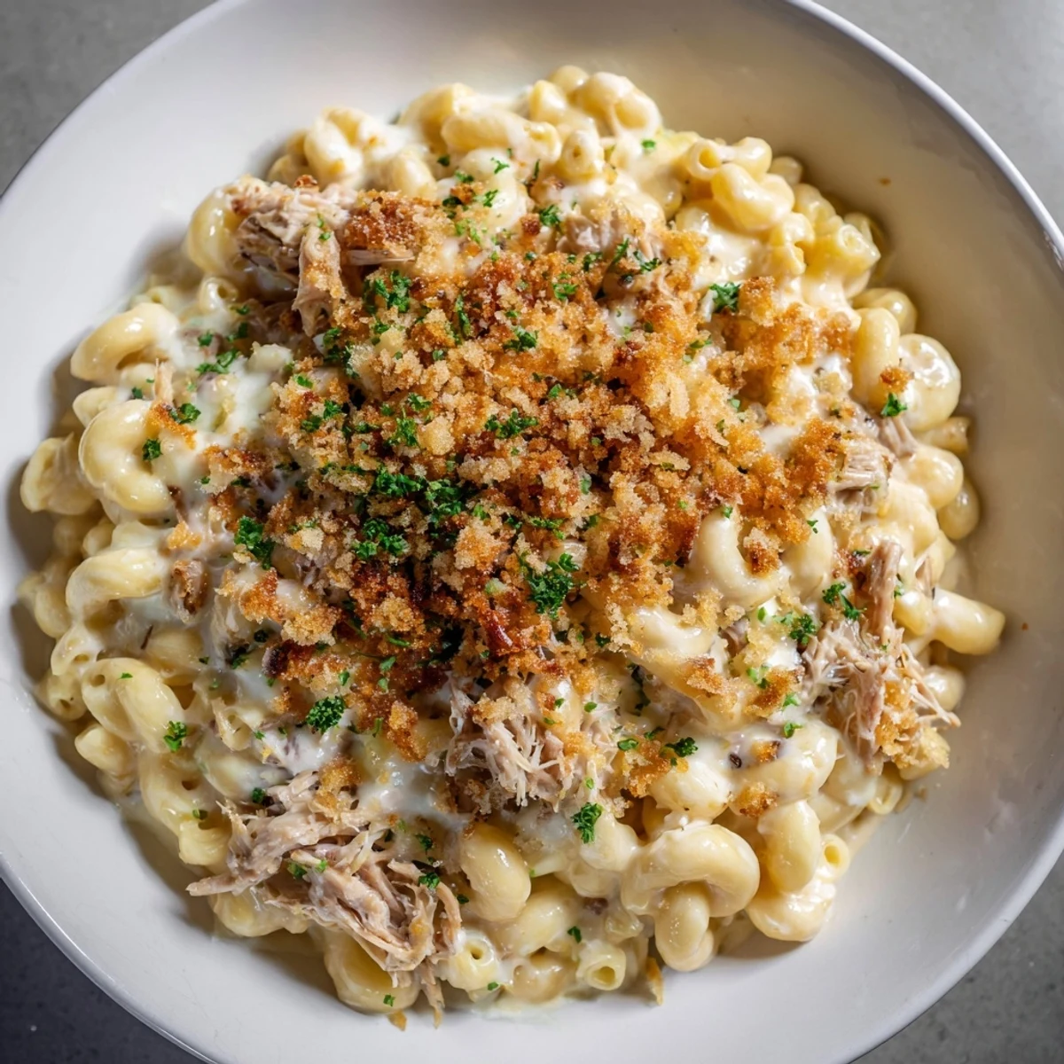 Warm, bubbling Barbecue Pulled Pork Mac and Cheese with a golden, crispy breadcrumb topping.
