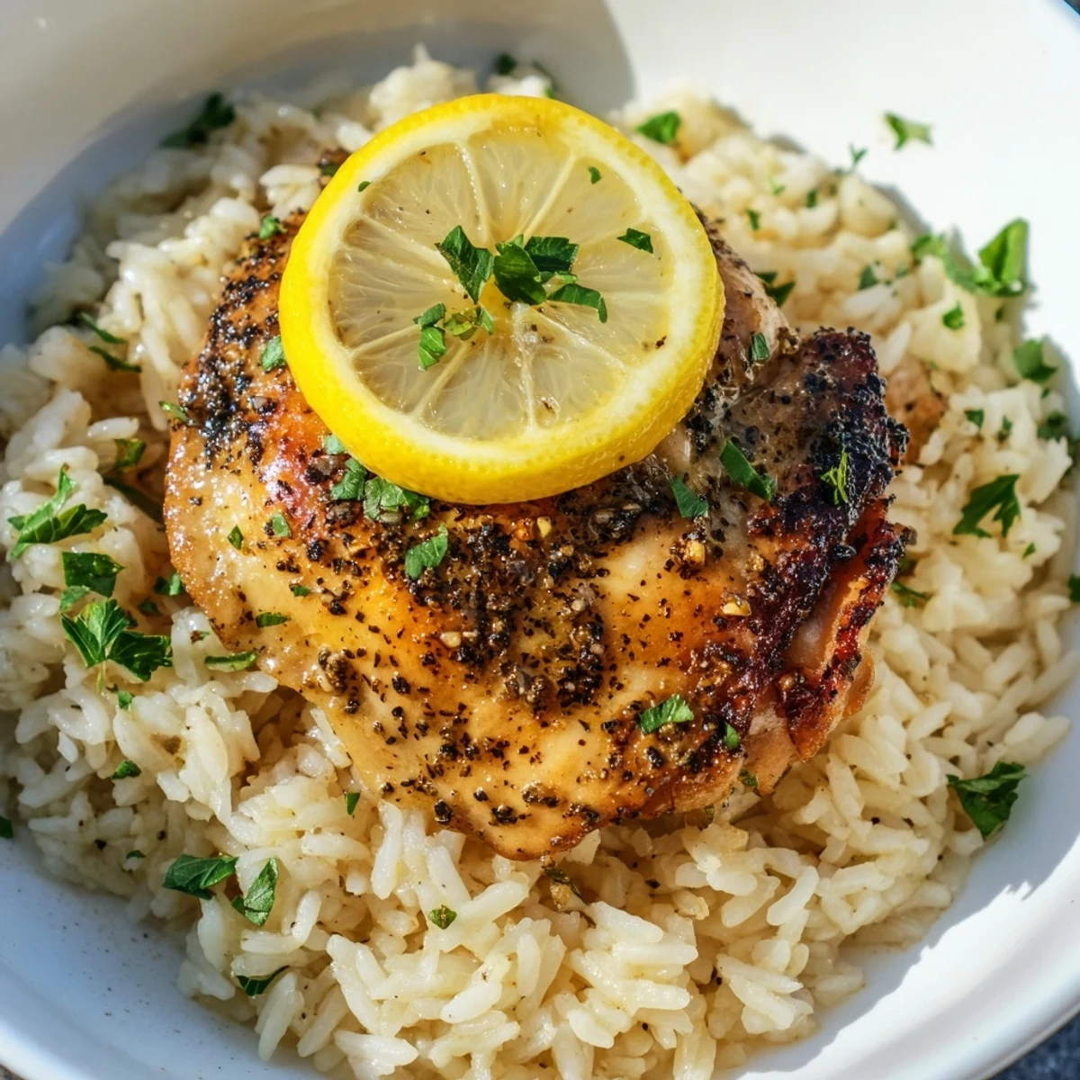Golden-brown Lemon Pepper Chicken sits atop a bed of fluffy rice, ready to eat.