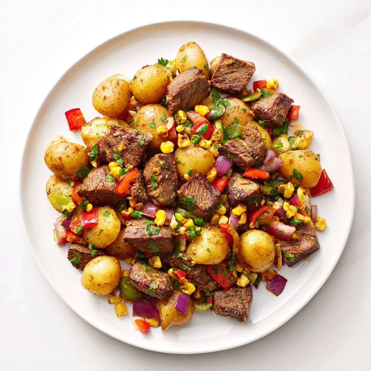 Southwest Steak & Potato Skillet with tender steak and golden potatoes, ready to serve with cilantro.