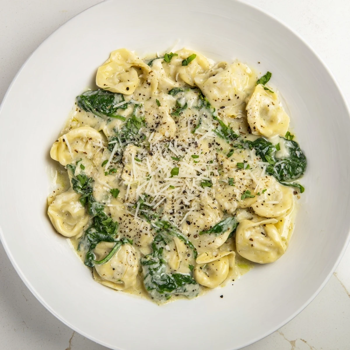 Garnished Creamy Spinach Alfredo Tortellini, tossed with spinach, is a restaurant-quality meal, perfect for dinner.