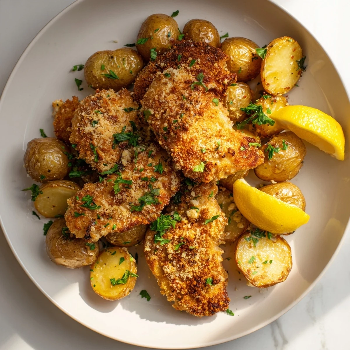 Golden, crispy Parmesan crusted chicken & potatoes, baked with herb-infused potatoes and herbs, a complete meal.