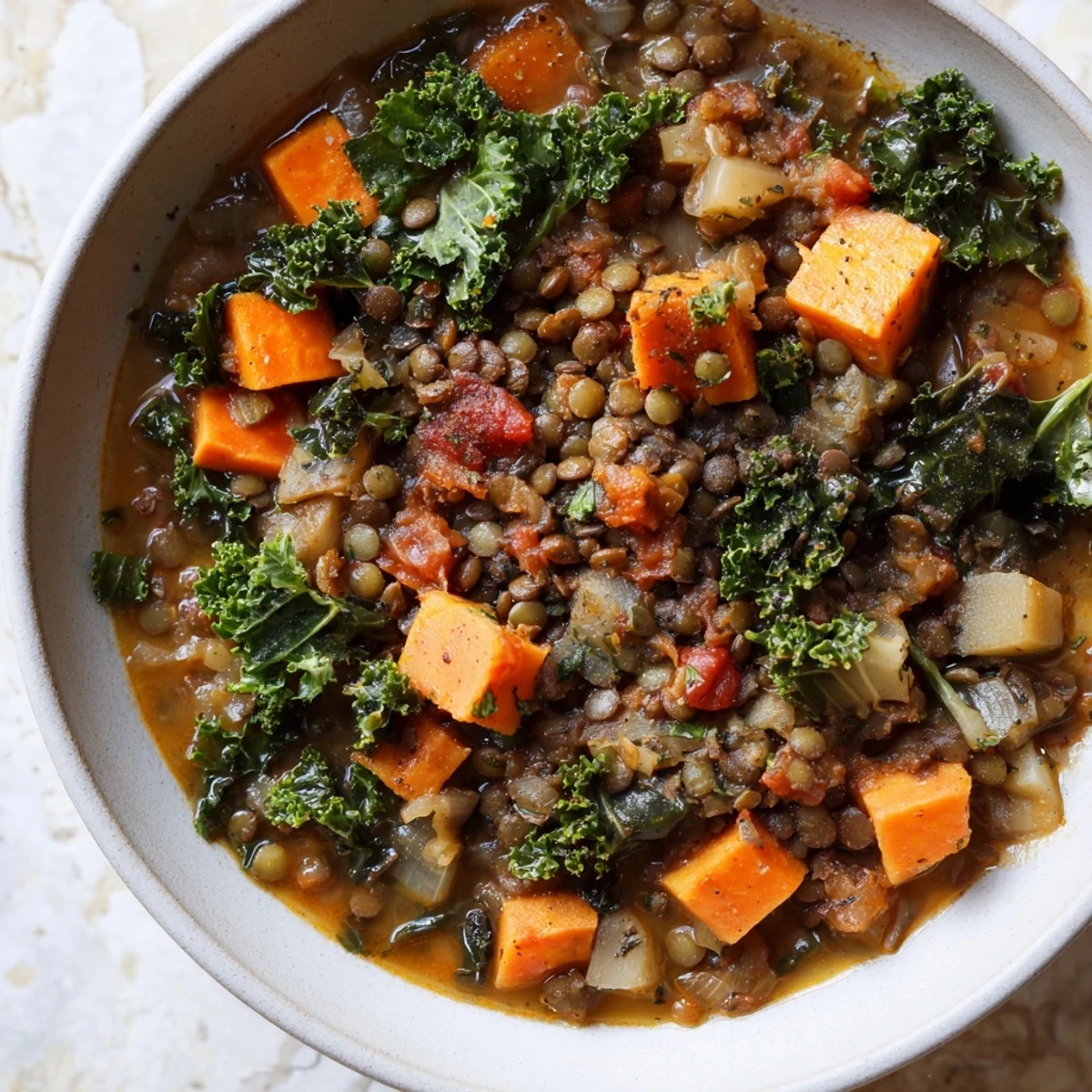 A warm bowl of Winter Vegetable & Lentil Soup, garnished with fresh parsley, looks delicious.