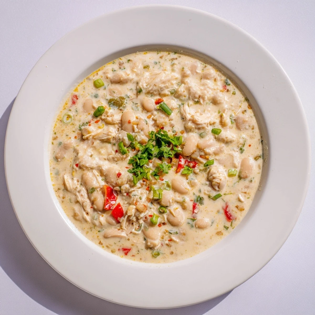 Creamy White Chicken Chili with Beans, a hearty bowl of chili topped with fresh cilantro and cheese.