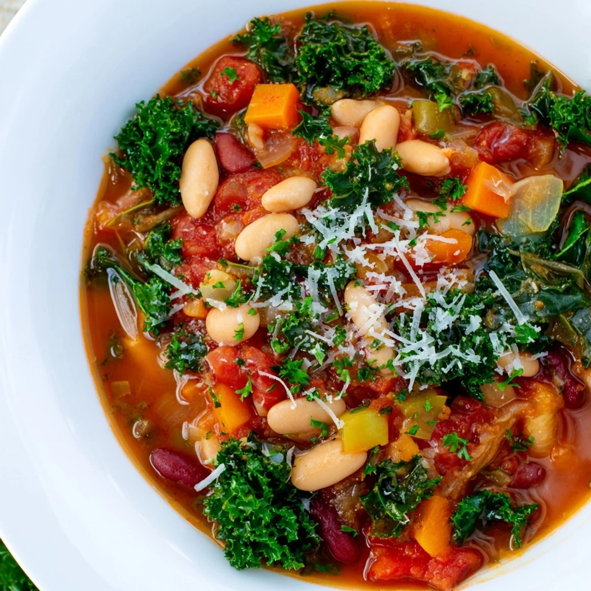 Steaming bowl of Italian Bean & Kale Stew, showcasing a vibrant mix of vegetables and herbs.