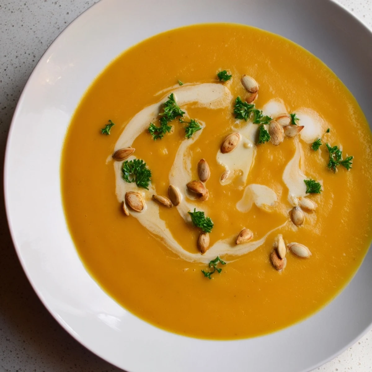 Steaming bowl of butternut squash and pear soup, garnished with fresh herbs and seeds.