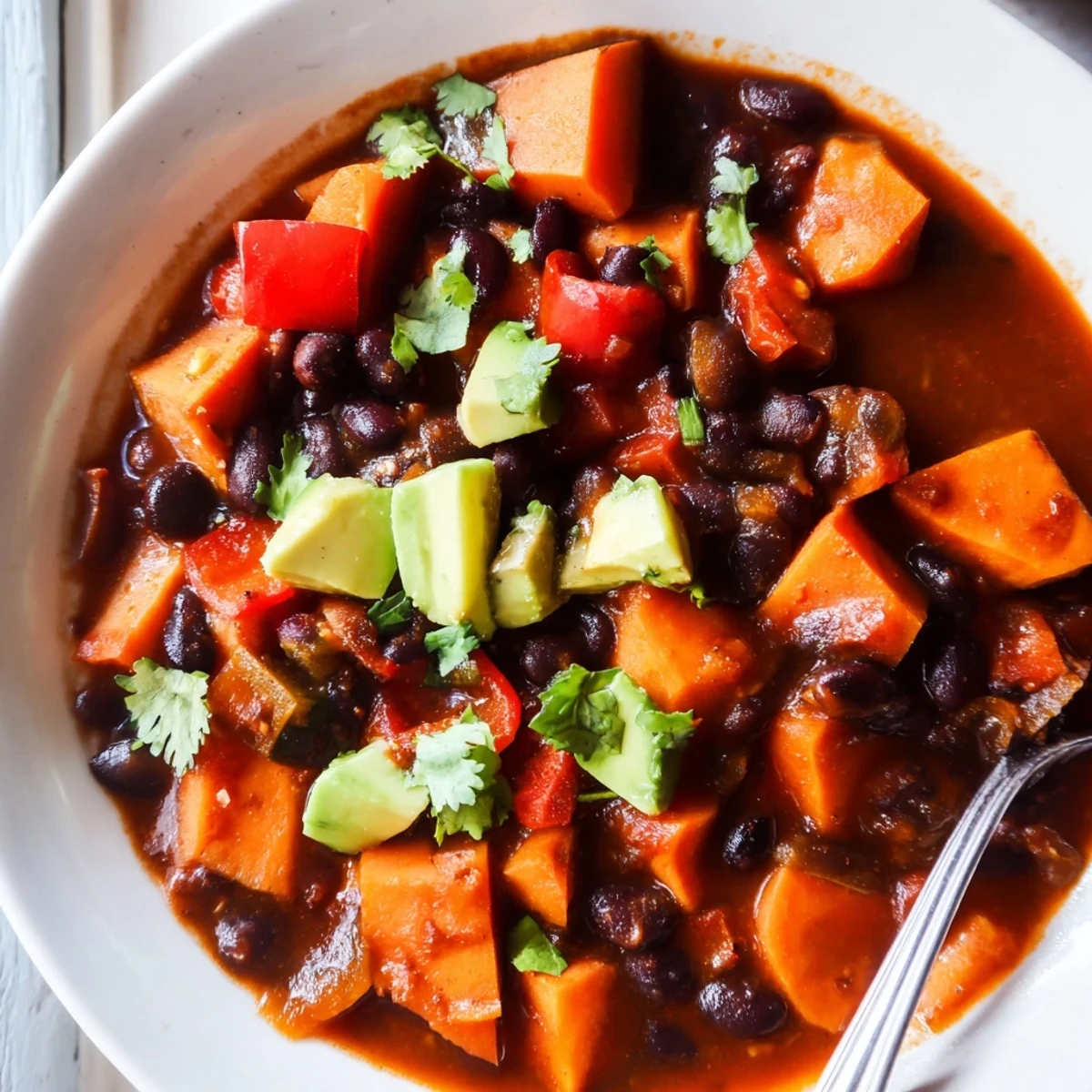 A steaming bowl of sweet potato and black bean chili, ready with cilantro and lime wedges.