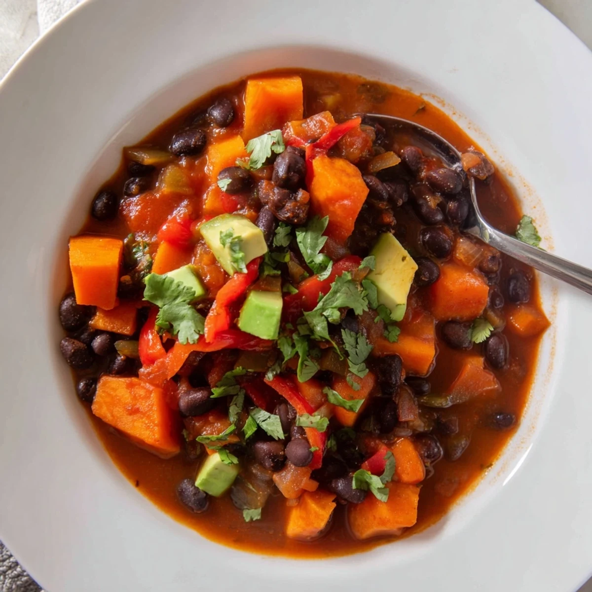 This delicious, colorful sweet potato and black bean chili is perfect for a comforting dinner.