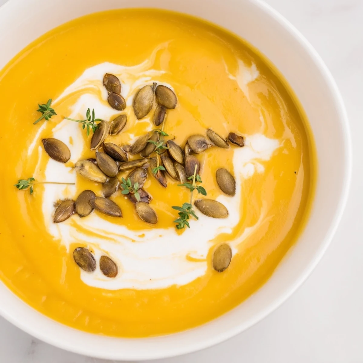 Creamy Roasted Acorn Squash Soup: a warm bowl of blended soup topped with toasted pepitas, ready to eat.