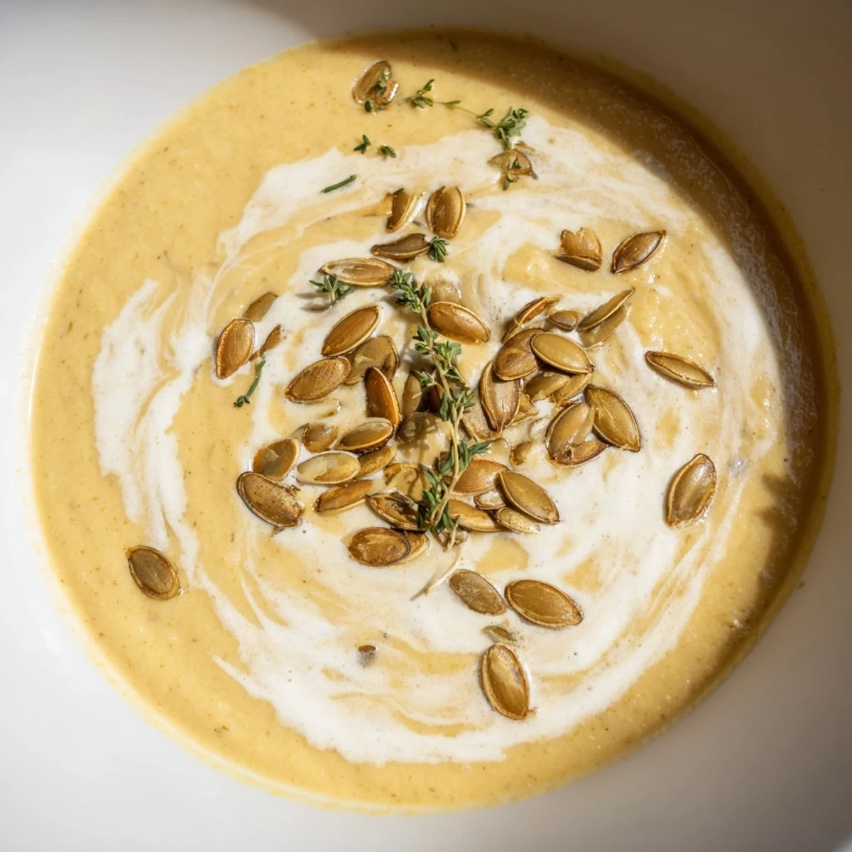 Close-up of velvety Creamy Roasted Acorn Squash Soup swirling in a rustic wooden bowl, ready to enjoy.