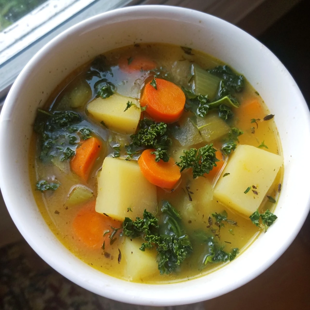 Steaming bowl of Vegetarian Potato-Kale Soup, garnished, ready to warm you on a cold day.