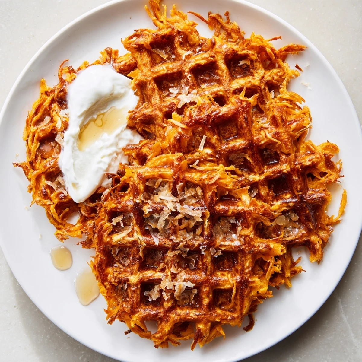 Fluffy golden Sweet Potato Waffle Hack, perfect with maple syrup and fresh berries for breakfast.