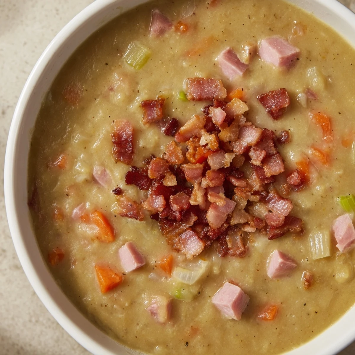 A steaming bowl of split pea soup with tender ham, perfect for a warming autumn lunch.