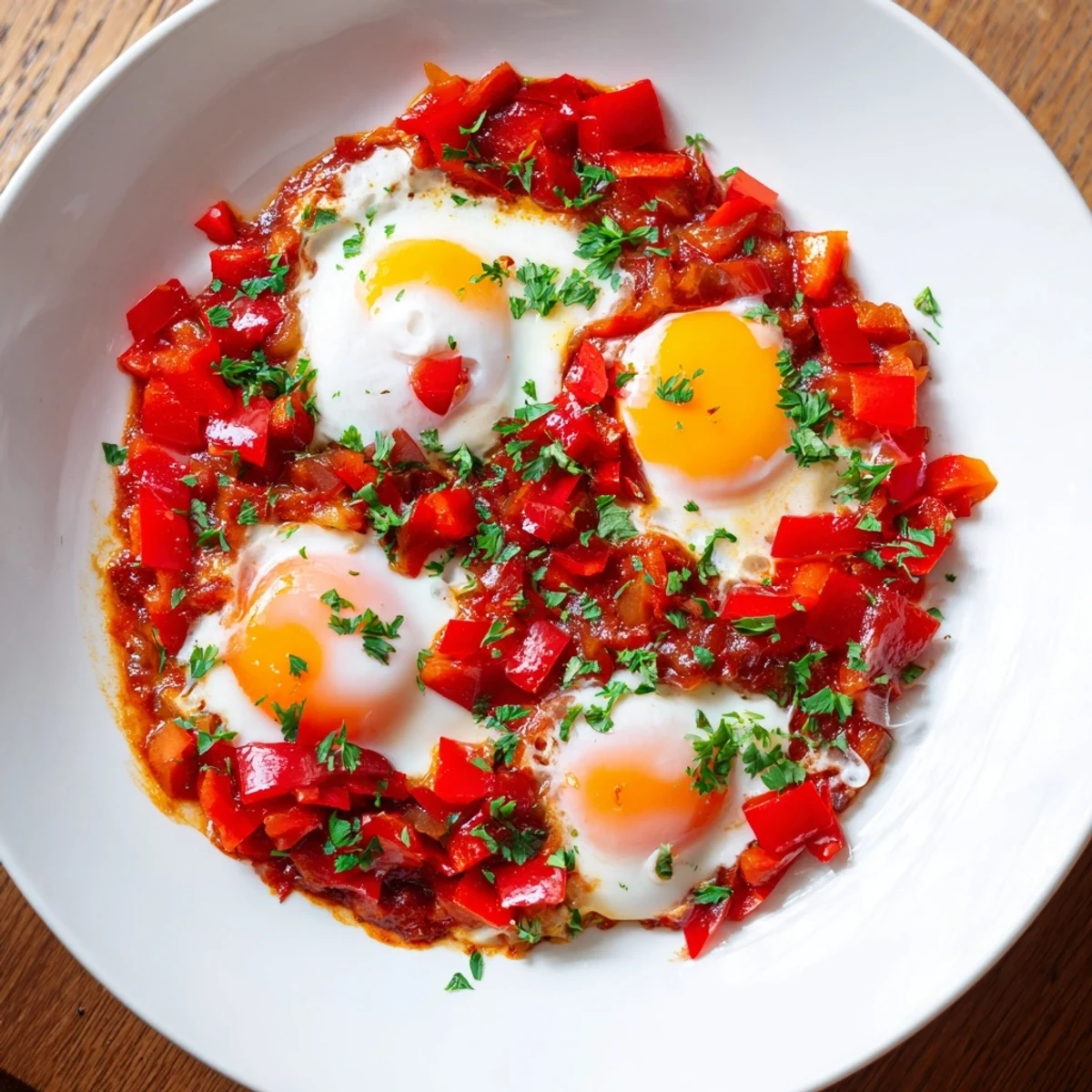 Close-up of bubbling Savoury Baked Eggs in Tomato Sauce, a vegetarian comfort food dish with golden yolks.