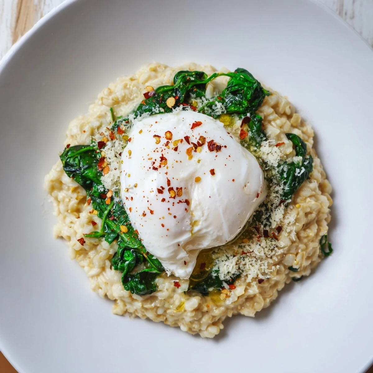 Steaming Savoury Oatmeal with Spinach & Poached Egg piled high, ready to eat for a delicious brunch.